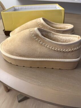 Outwoods Beige Faux-Suede Slip-On Plush-Lined Mules